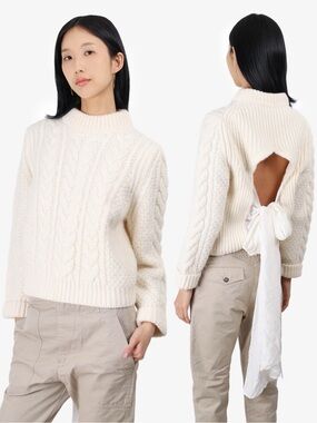 CECILIE BAHNSEN Cable Knit Wool Alpaca Silk Bow Tie Sweater Open Back CREAM